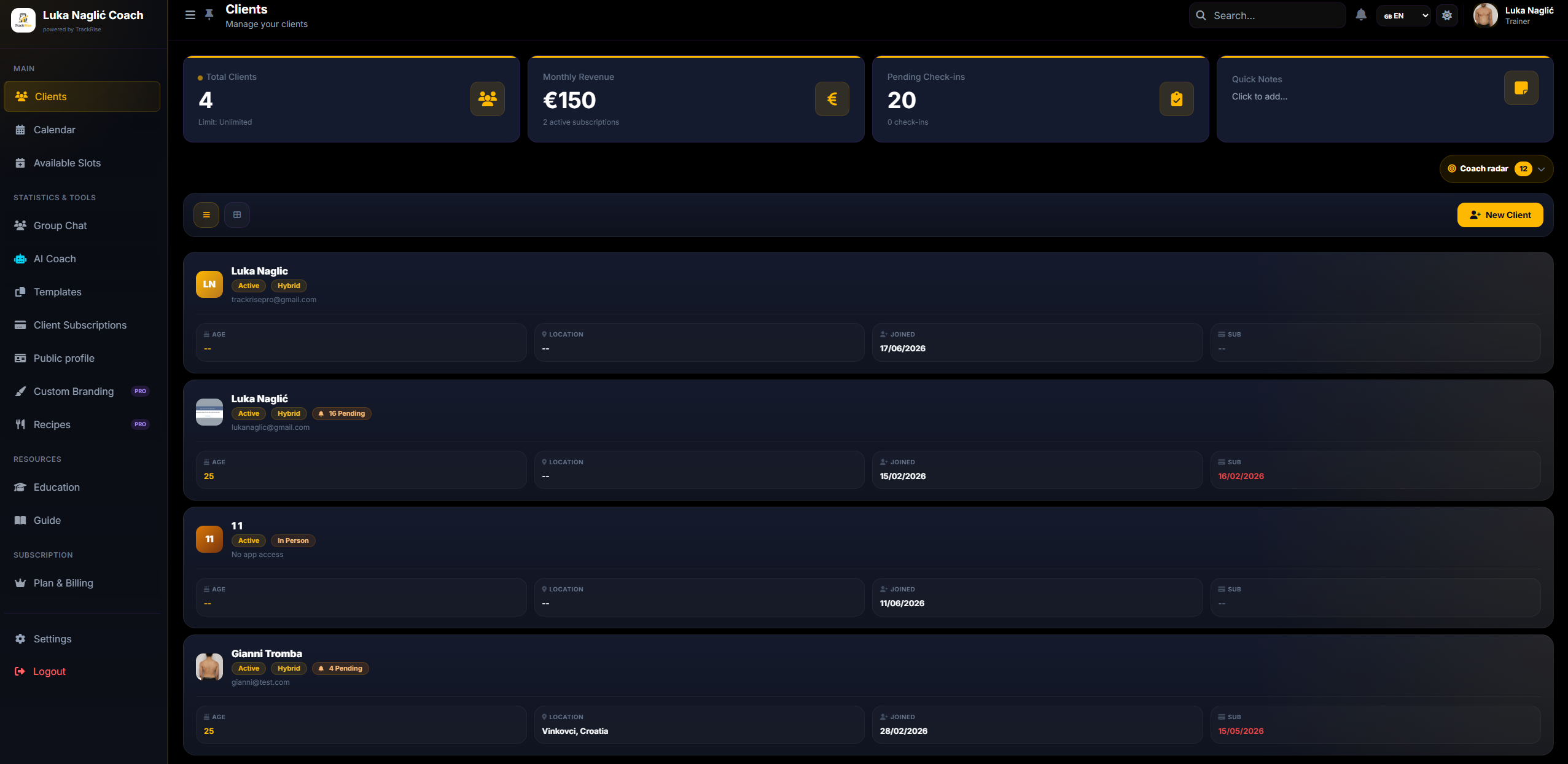 Trainer dashboard preview